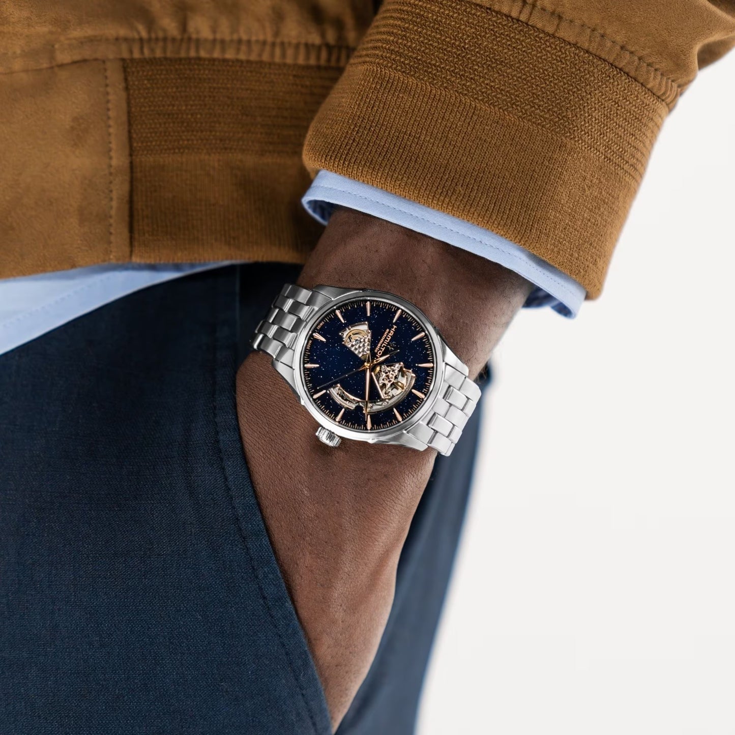 Hamilton Jazzmaster Open Heart Auto, Azul Degradado, Extensible Acero — Caballero