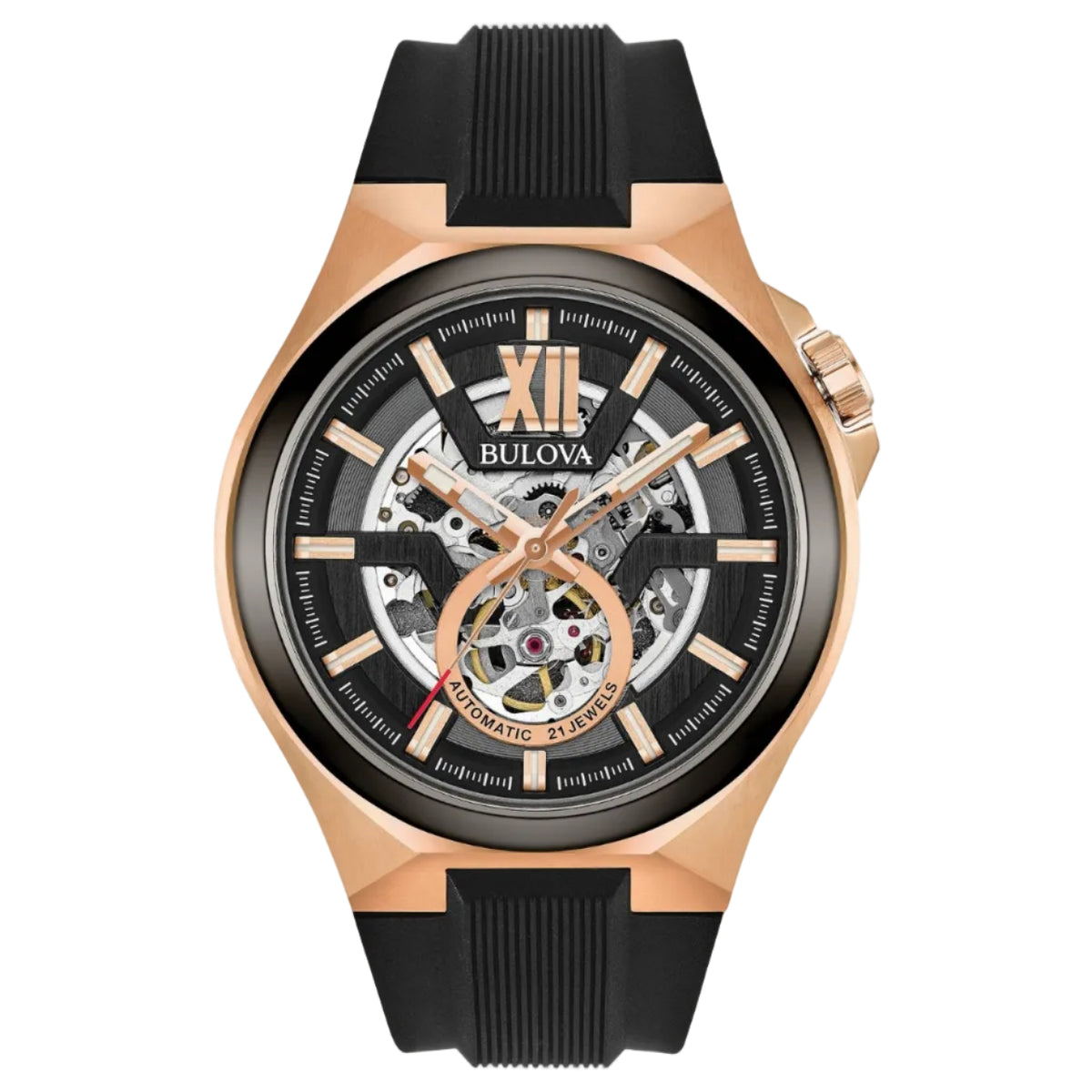 Bulova Máquina Esqueletada Negra, PVD Rosa — Caballero