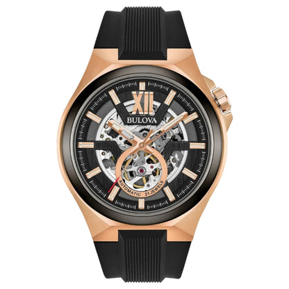 Bulova Máquina Esqueletada Negra, PVD Rosa — Caballero