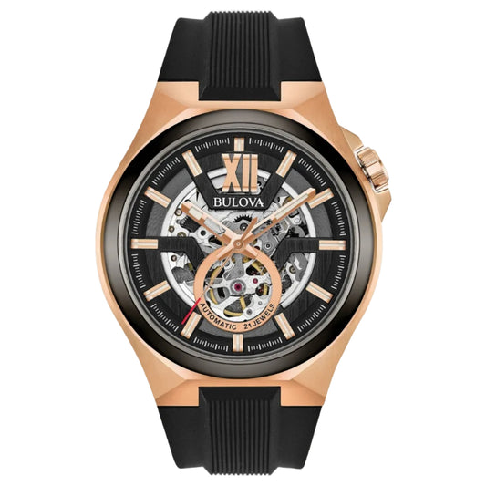 Bulova Máquina Esqueletada Negra, PVD Rosa — Caballero