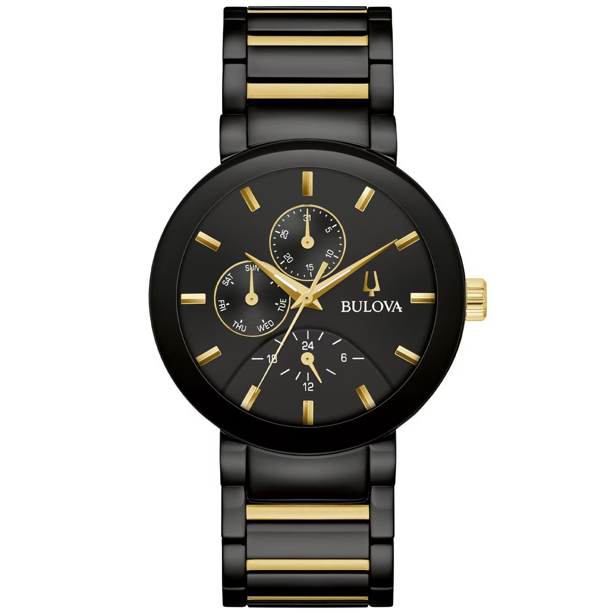 Bulova PVD Negro y Dorado, Carátula Negra — Caballero (98C149)