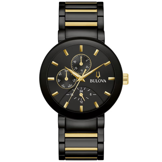 Bulova PVD Negro y Dorado, Carátula Negra — Caballero (98C149)
