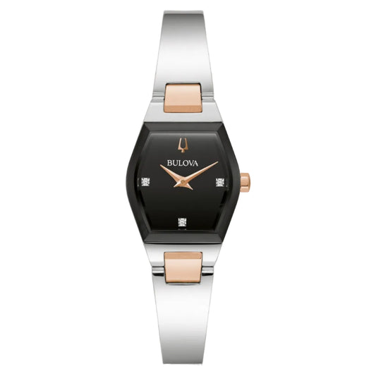 Bulova Gemini PVD Rosa, Caratula Negra con Diamantes — Dama