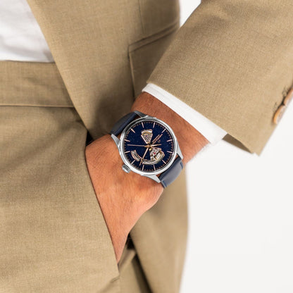 Hamilton Jazzmaster Open Heart Auto, Azul, Correa Piel — Caballero