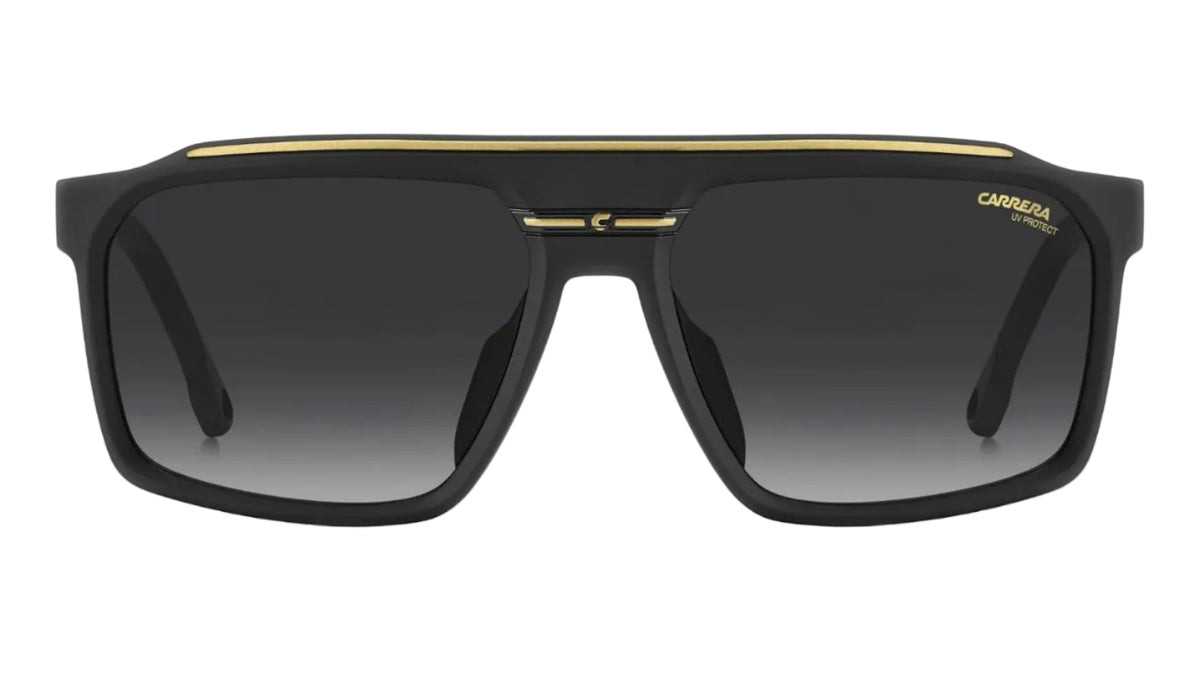 Carrera Negro Mate, Lente Gris Degradado, Franja Dorada — Caballero