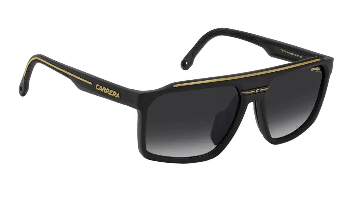 Carrera Negro Mate, Lente Gris Degradado, Franja Dorada — Caballero